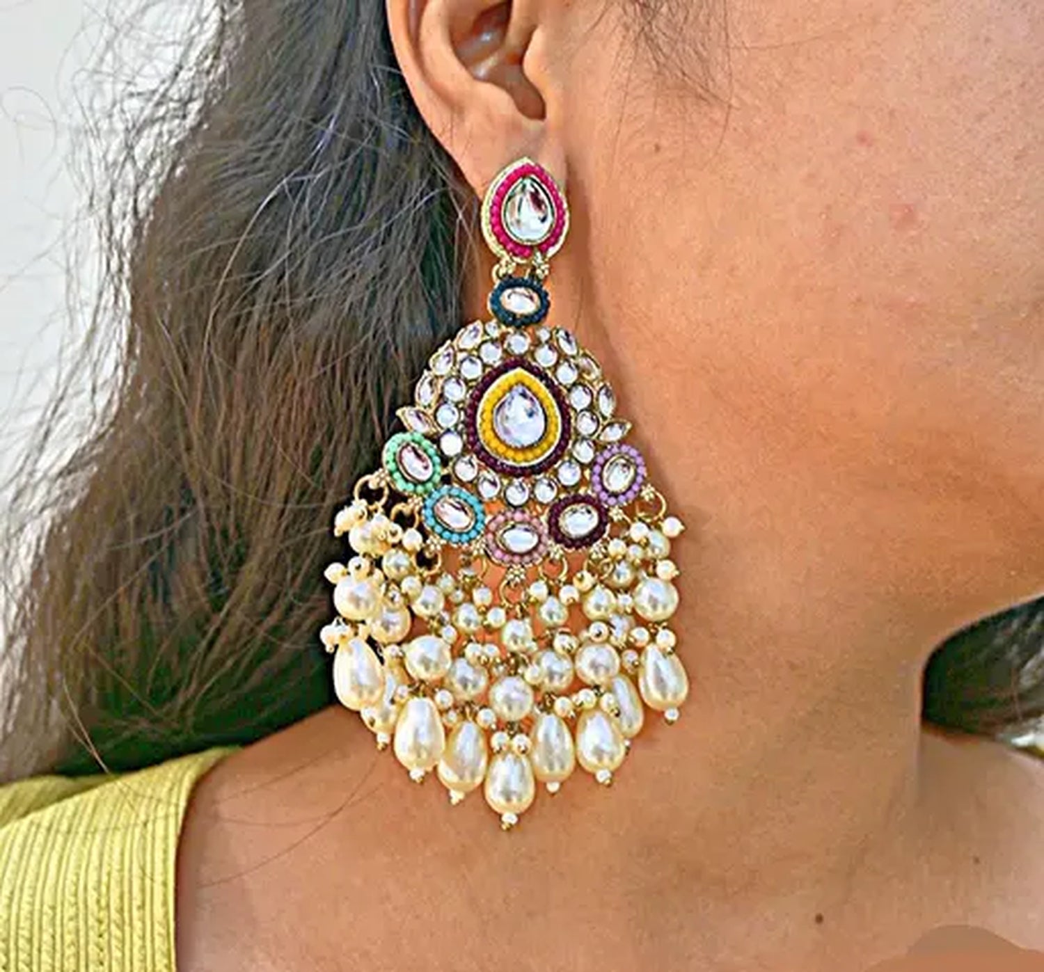 Jewel City Handcrafted Multicolor Kundan Pearl Chandbali Earrings | Traditional Ethnic Gold-Plated Indian Jewelry