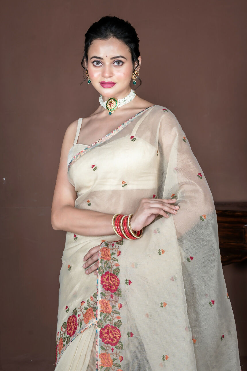 Morchari Beige Supernet Cross Embroidery Saree Unstitched Blouse