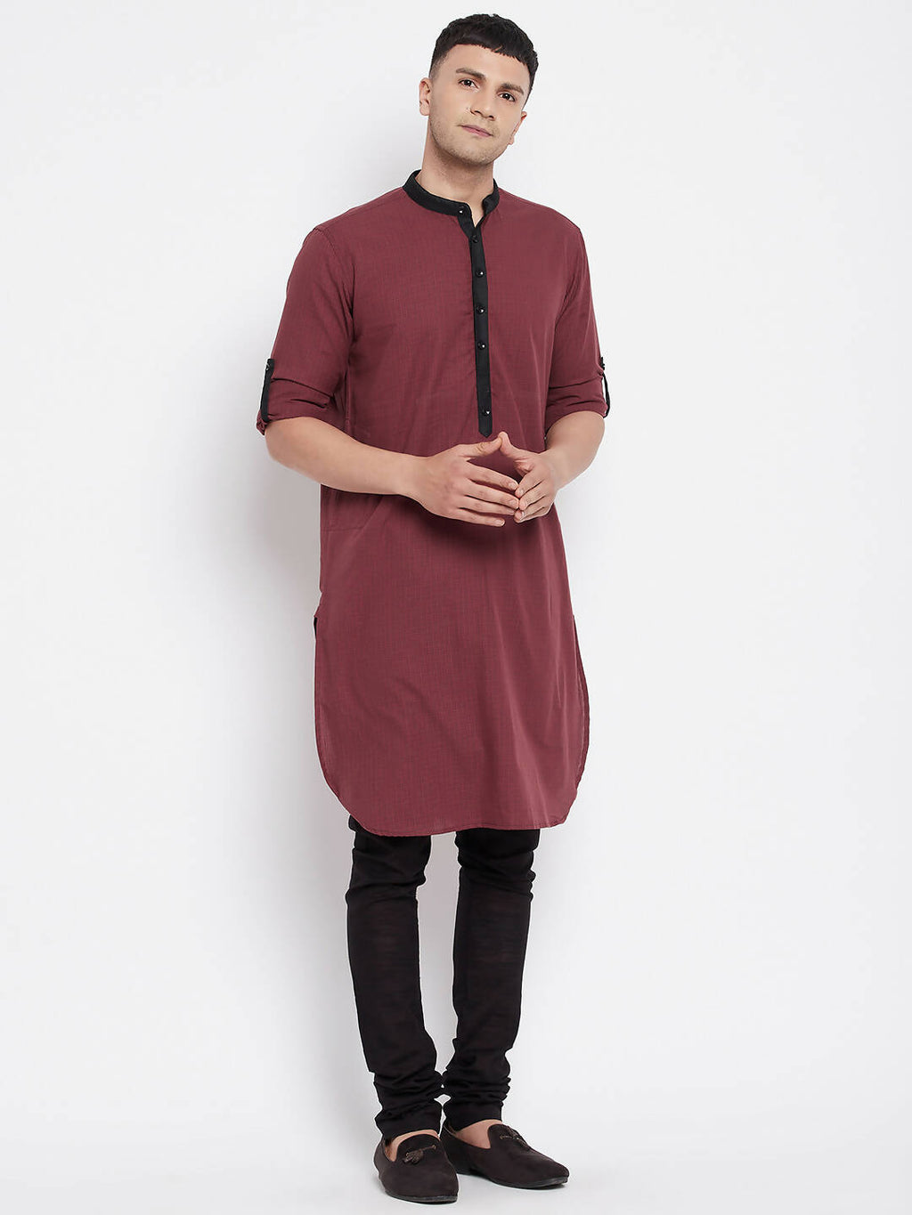 Even Apparels Maroon Pure Cotton Men's Kurta With Contrast Collar And Placket