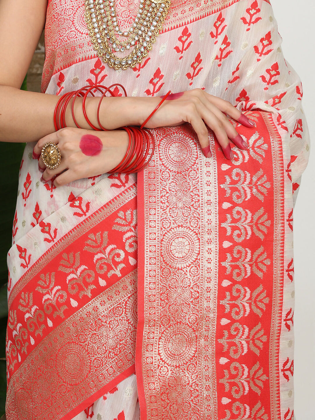 Shree Shyam Fashion Linen Cotton Red & White Saree