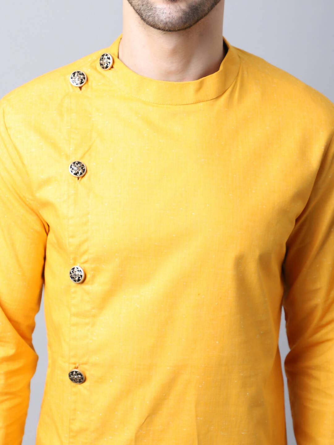 Even Apparels Yellow Pure Cotton Sherwani Kurta With Asymetrical Cut
