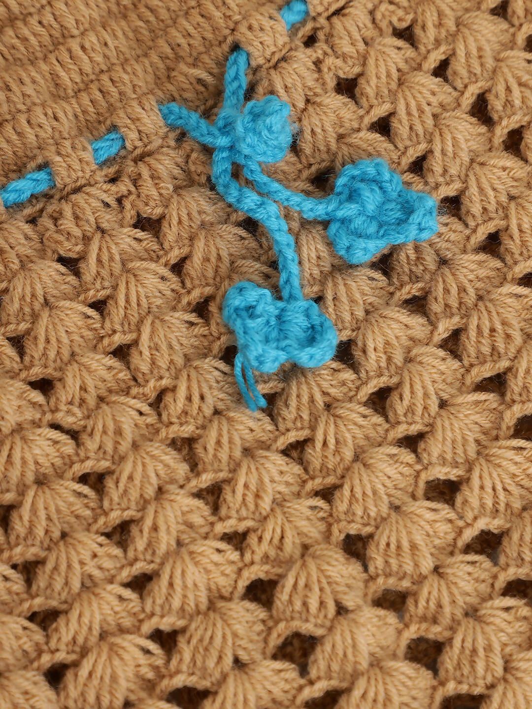 Chutput Kids Woollen Hand Knitted Full Sleeves Cardigan With Short Sleeves Flower Work Dress For Baby Girls - Blue