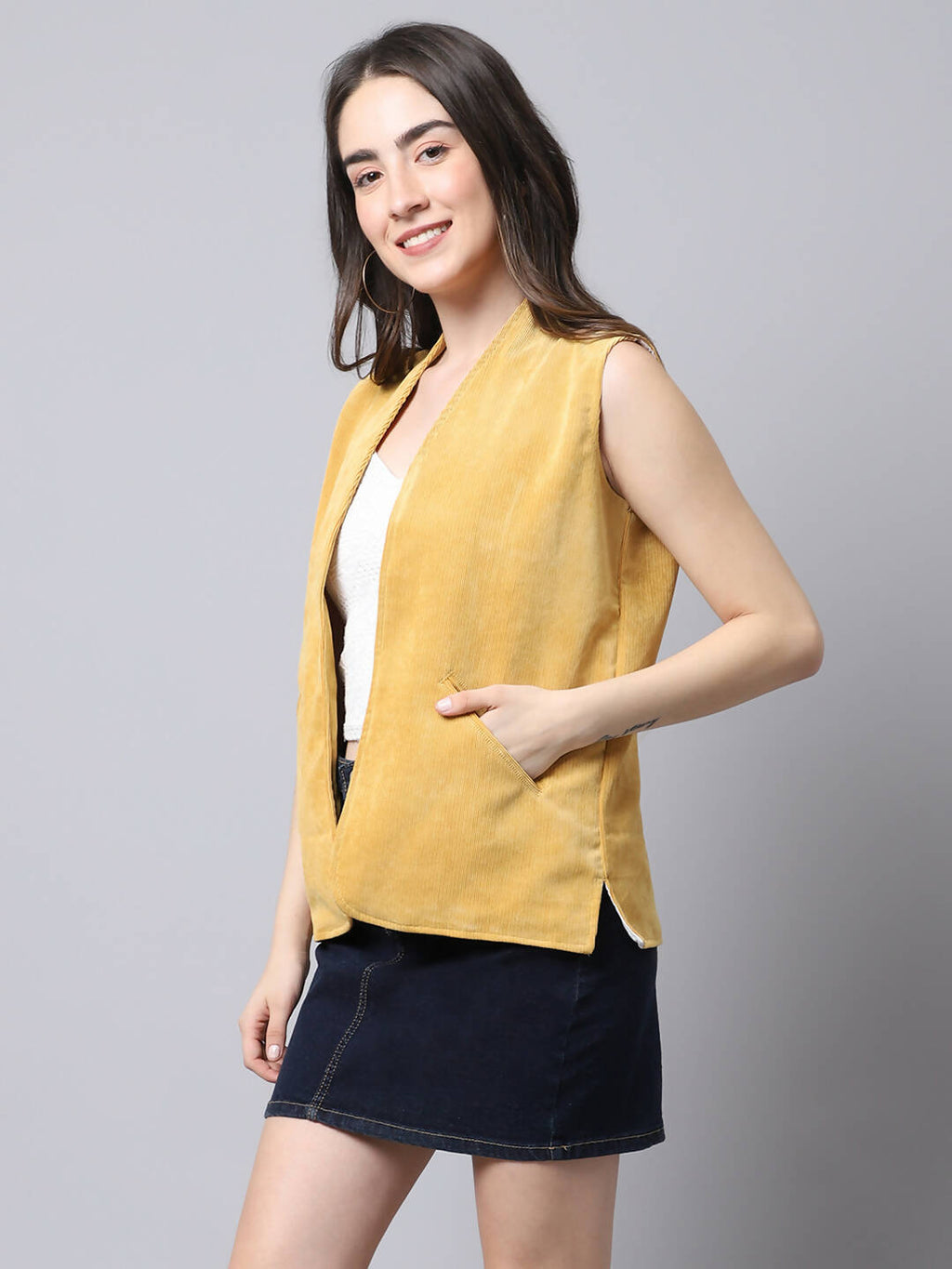 Even Apparels Mustard Polyblend Open Front Women's Waistcoat