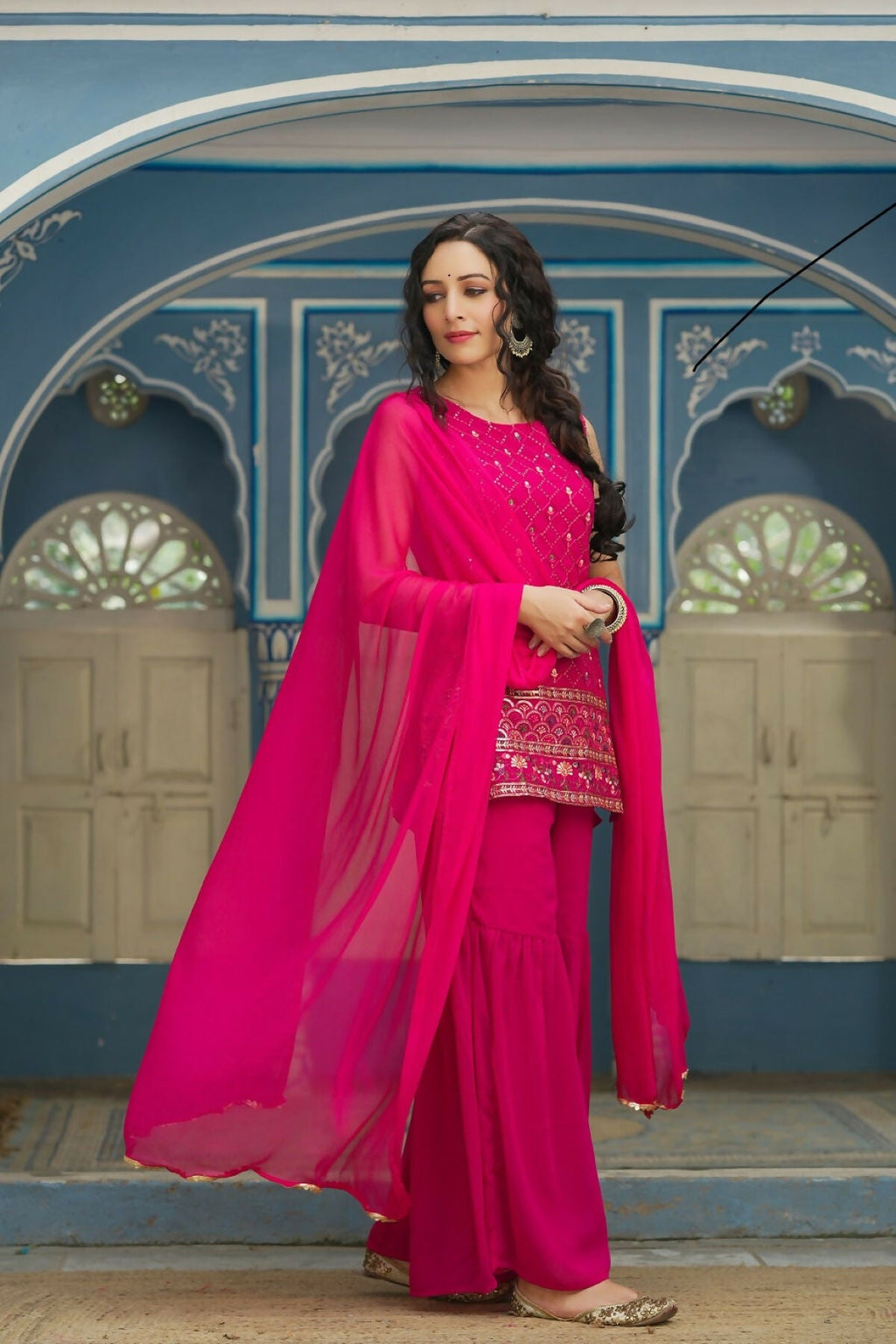 Juniper Ethnic Motif Printed Georgette Kurta Sharara & Chiffon Dupatta Set With Thread Work Embroidery