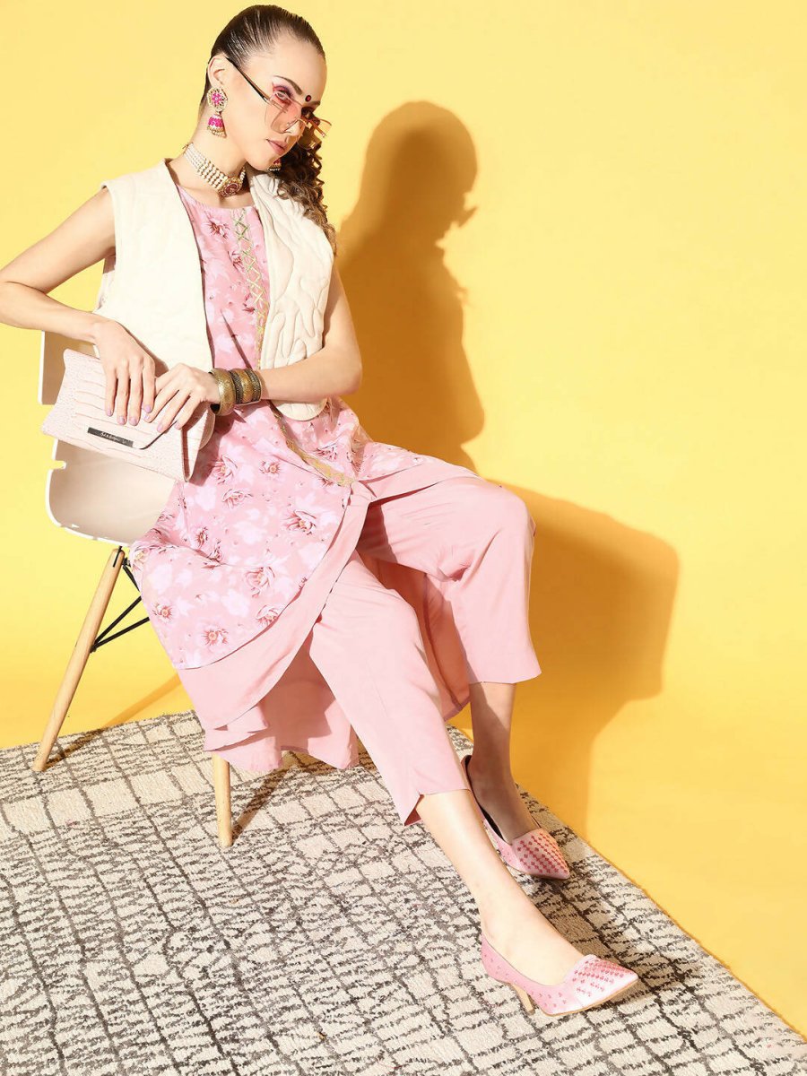 Ahalyaa Women Rose Colour Organza Digital Printed Kurta Pant Set