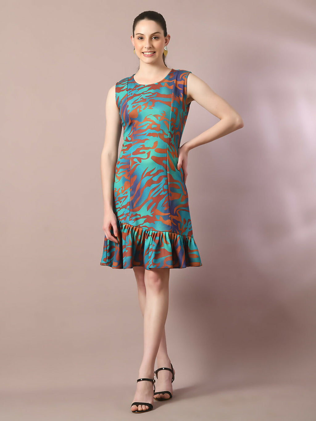 Myshka Women's Multi Printed Round Neck Fit and Flare Party Dress
