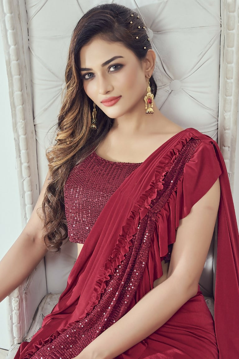 Mahotsav Women's Red Lycra Embellished Ready To Wear Saree With Stitched Blouse