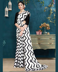 Black Japan Satin Stripe Printed Saree With Unstitched Blouse Piece - Laavanya