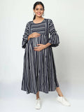 Manet Three Fourth Maternity Dress With Concealed Zipper Nursing Access - Navy Blue