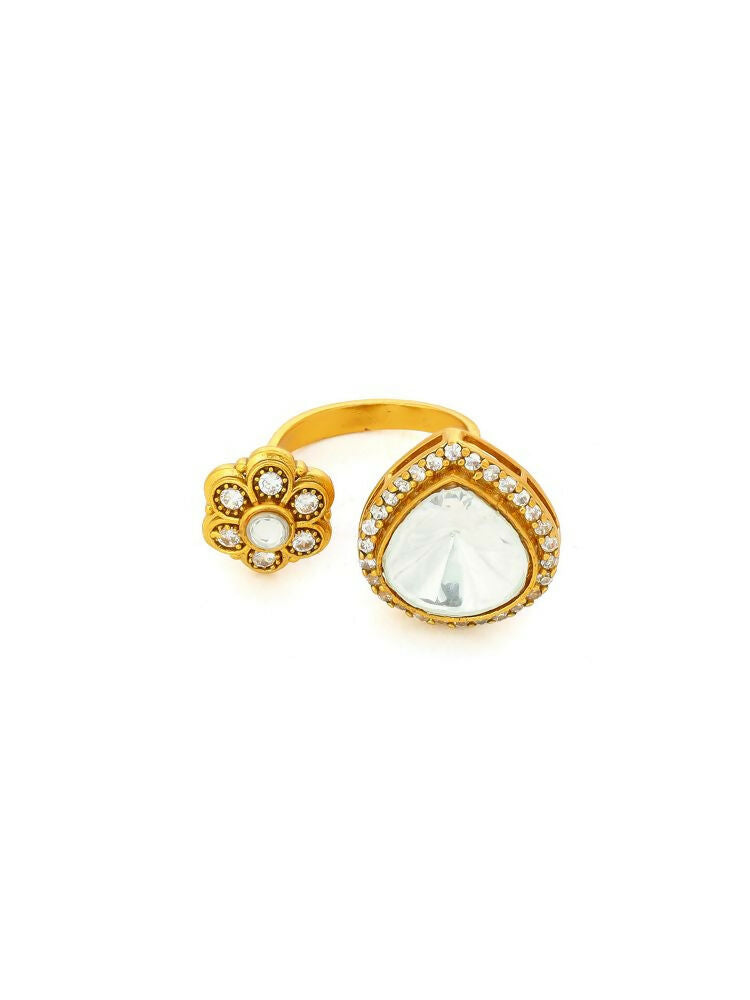 Kundan Gold Plated Hexagon and Pear Ring - Ruby Raang