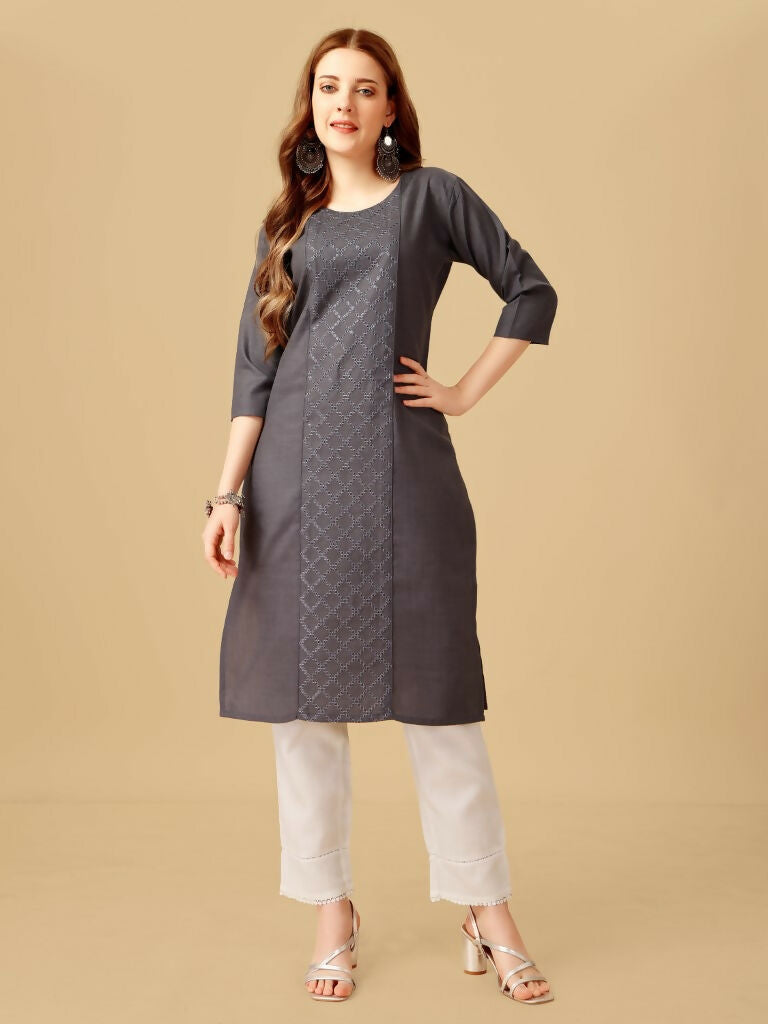 Jyoti Fashion Women's Grey Cotton Blend Embroidered Kurta Pant Set