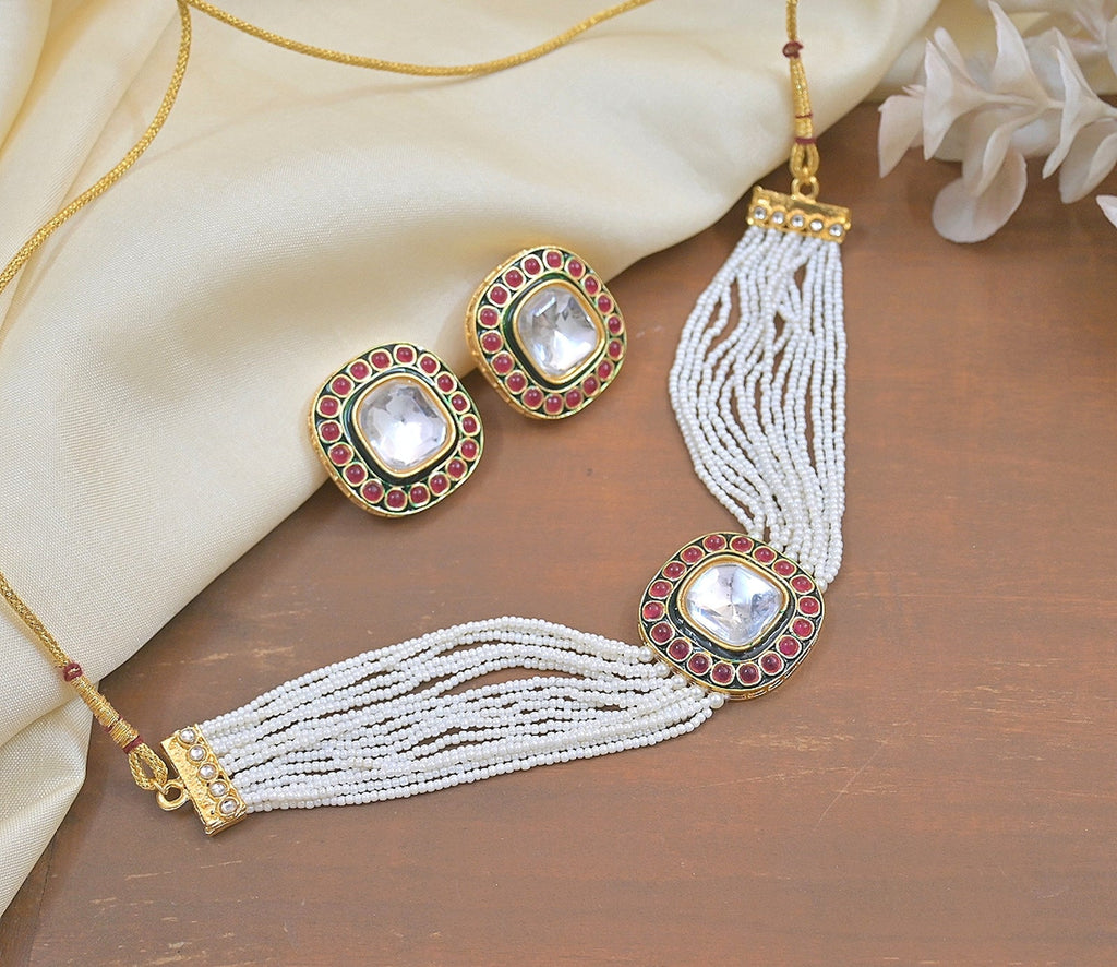 Jewel City Handcrafted Kundan Pearl Necklace Set with Ruby Red Stones - Traditional Indian Wedding Jewelry with Earrings