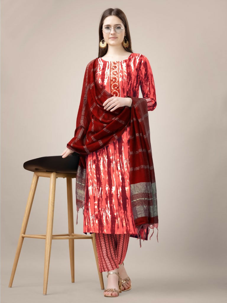 Jyoti Fashion Women's Orange Rayon Print with Embroidery & Fancy Lace Work Kurta with Trouser & Dupatta