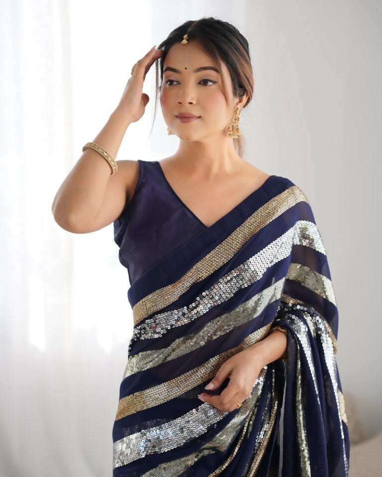 Blue Georgette Sequance Embroidery Work Border Saree - Sitare