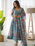 Lorenvalley Fashion Women Tabby Organza Silk Fully Flair Kali Pattern Anarkali Pant With Dupatta Set - Blue