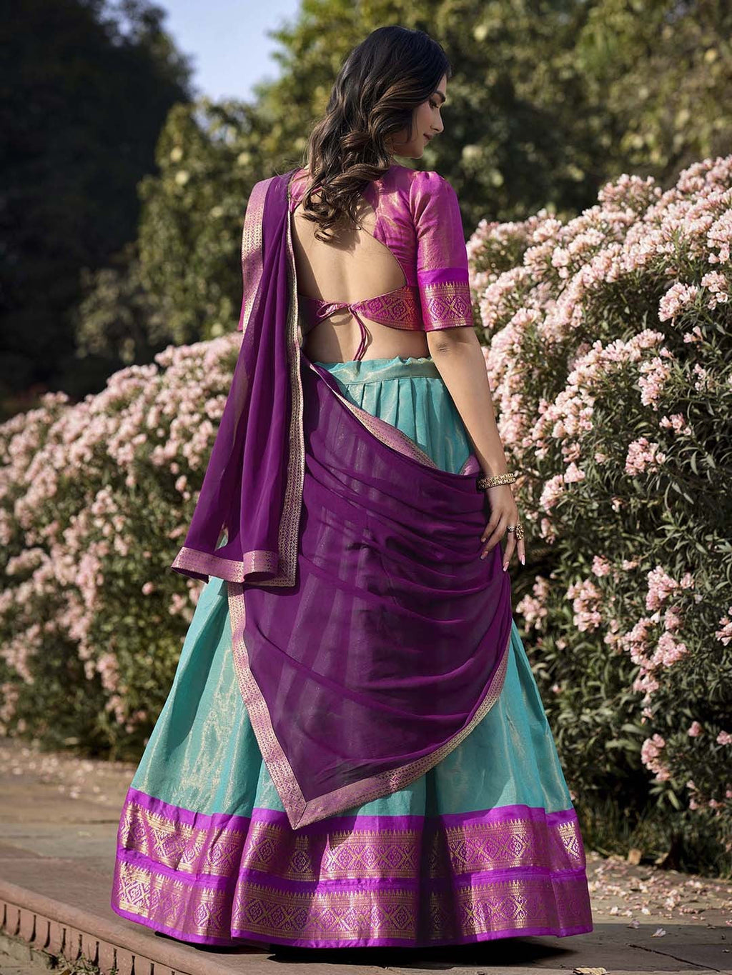 Evanik Women South-Style Kanchipuram Silk Stitched Lehenga With Unstitched Blouse & Dupatta