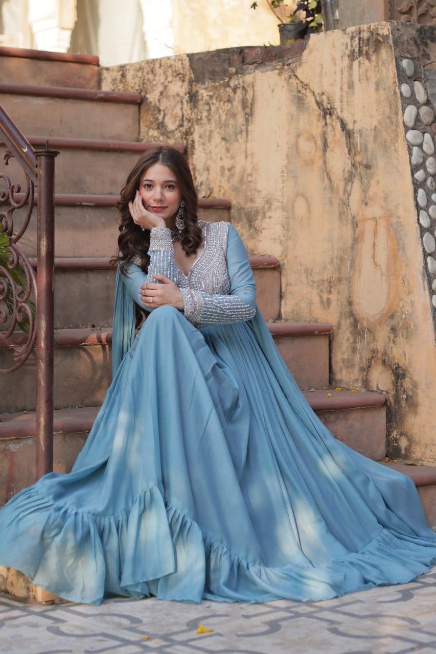 Evanik Sky Blue Star Georgette with Embroidery Beads Sequins-work Gown With Dupatta