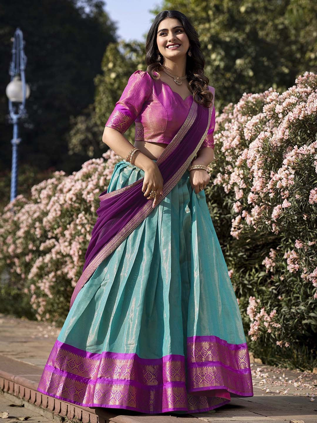 Evanik Women South-Style Kanchipuram Silk Stitched Lehenga With Unstitched Blouse & Dupatta