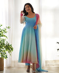Evanik Sky Blue Pure Soft Georgette Padding Fabric Fully Flair Anarkali Pant With Dupatta Set