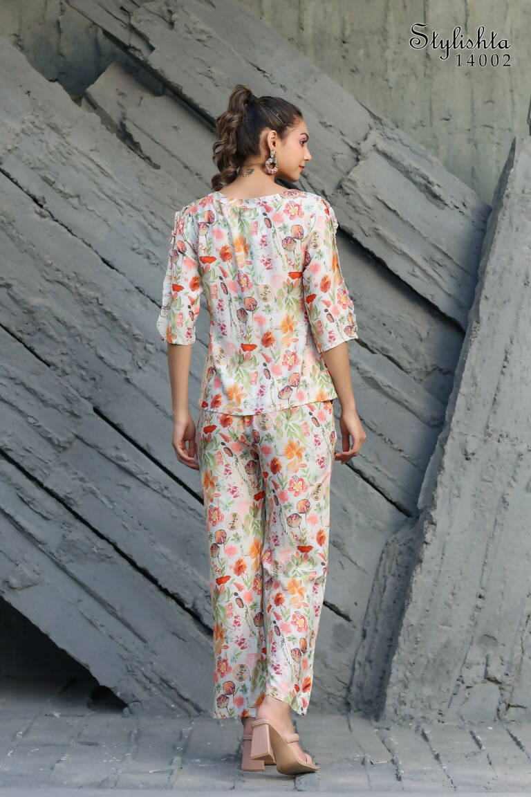 Women's Partywear Designer White & Multi Muslin co-ord set - Stylishta