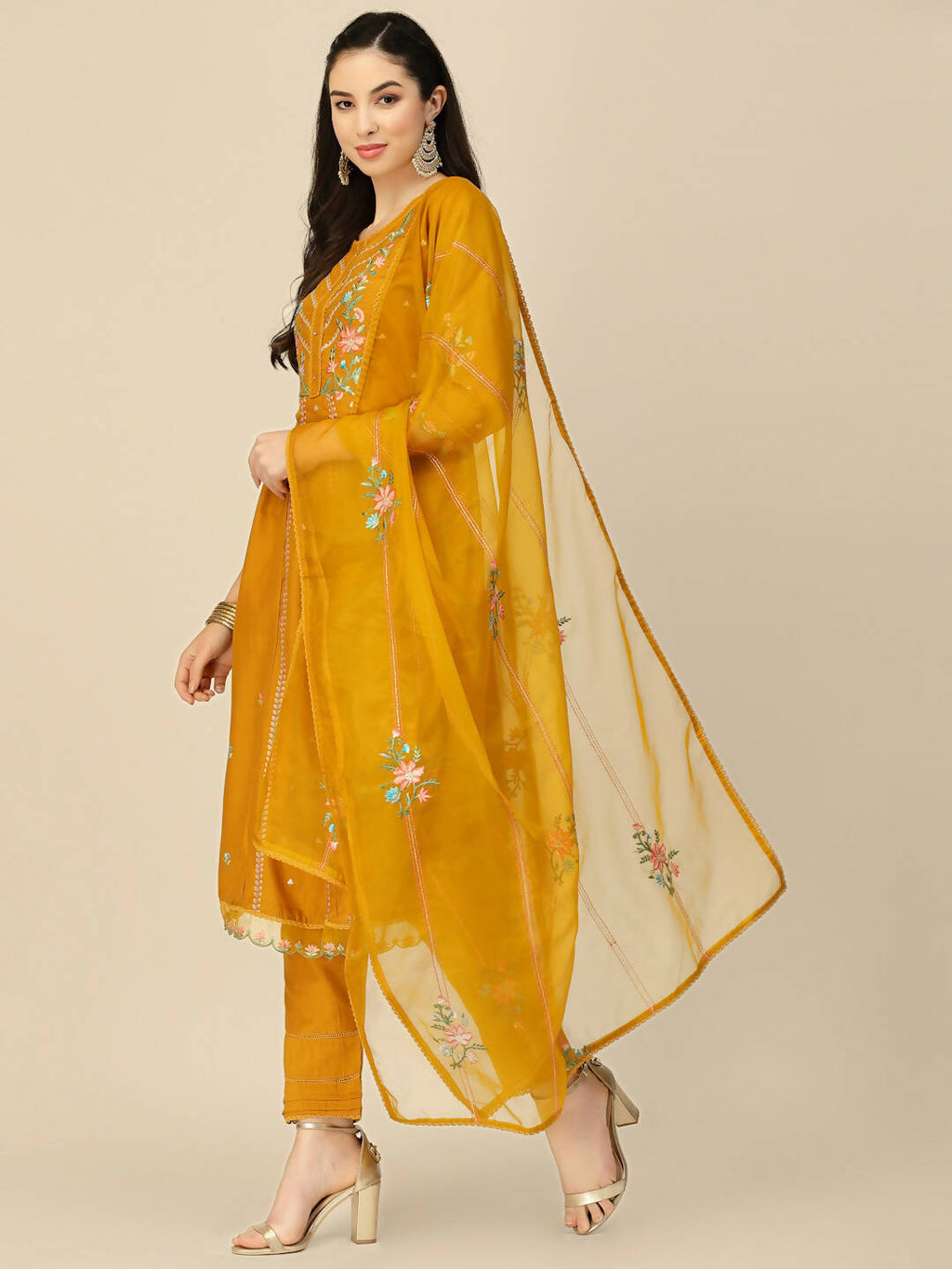Mustard Embroidered Chinon Straight Kurta With Trouser & Dupatta - Salimar