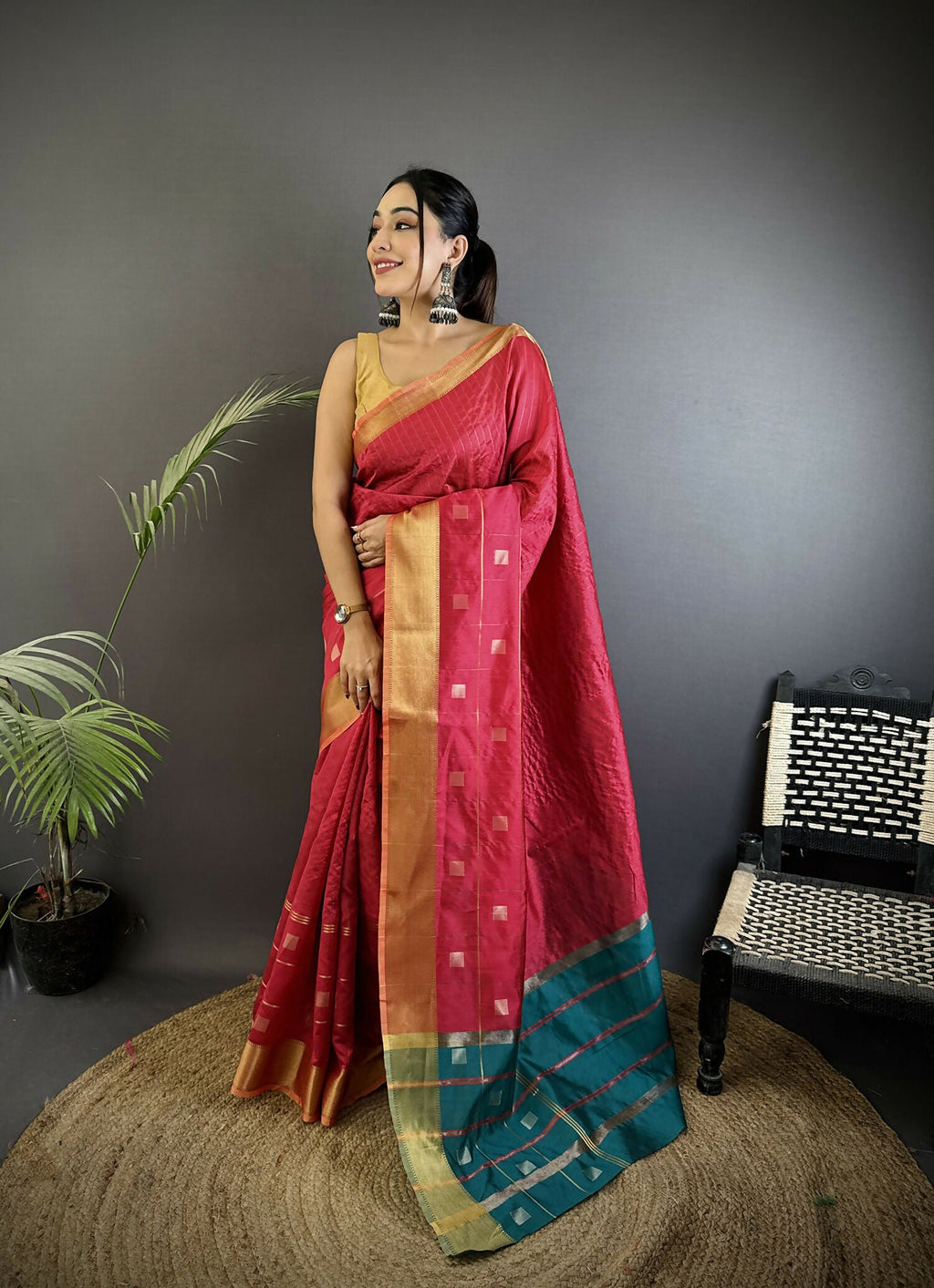 Joban Fashion Hot Pink Bhagalpuri Cotton Silk Stripes/Box Saree