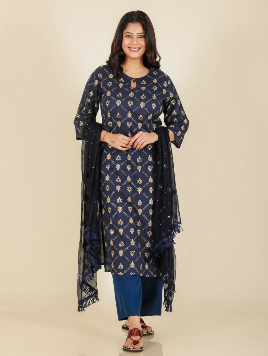 Aramya Straight Soft Cotton Floral Print Women's Kurta - Blue