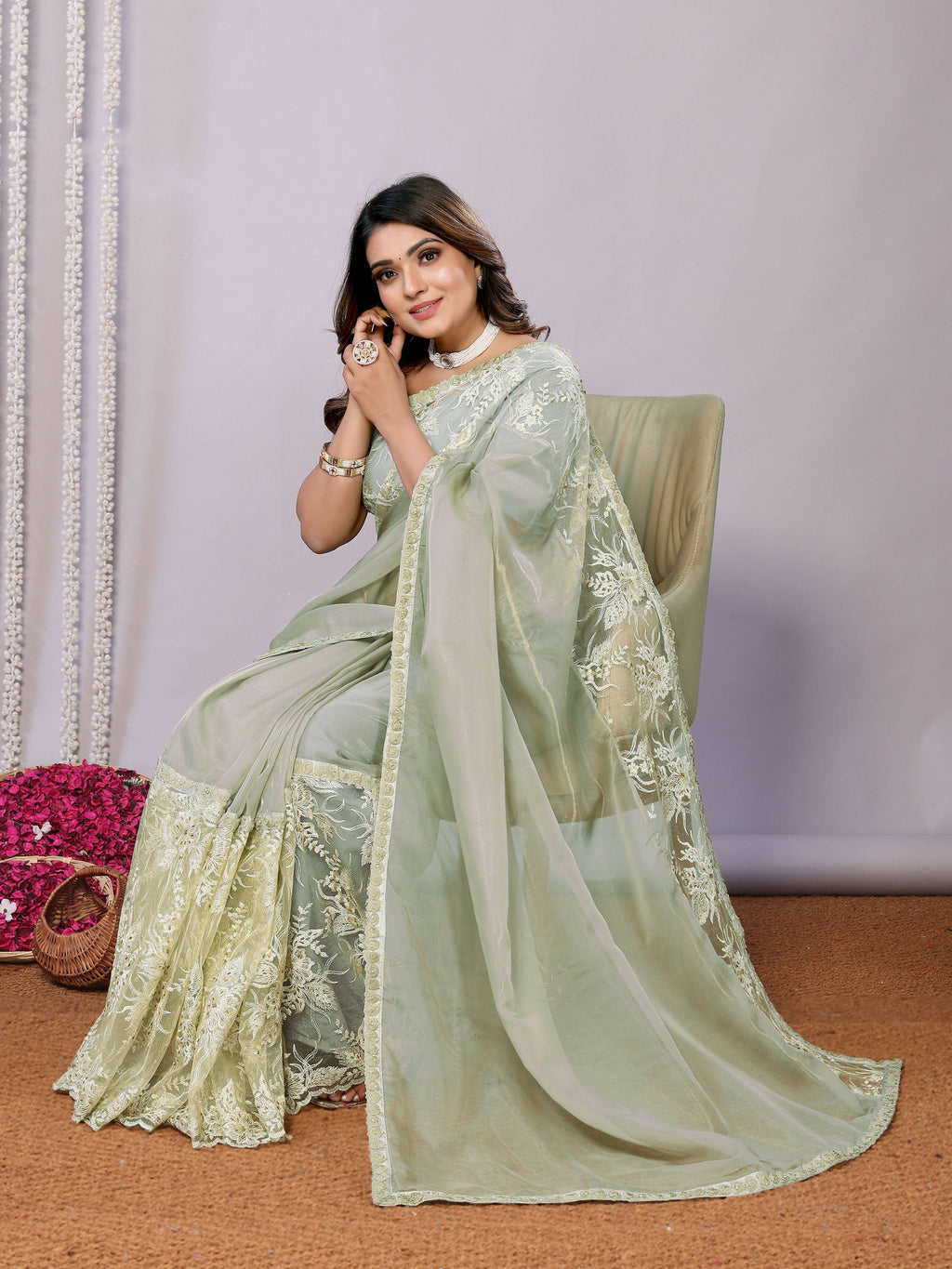 Green Glass Tissue,Net Embroidered Saree With Stitched Blouse - Nimaya Kaksha