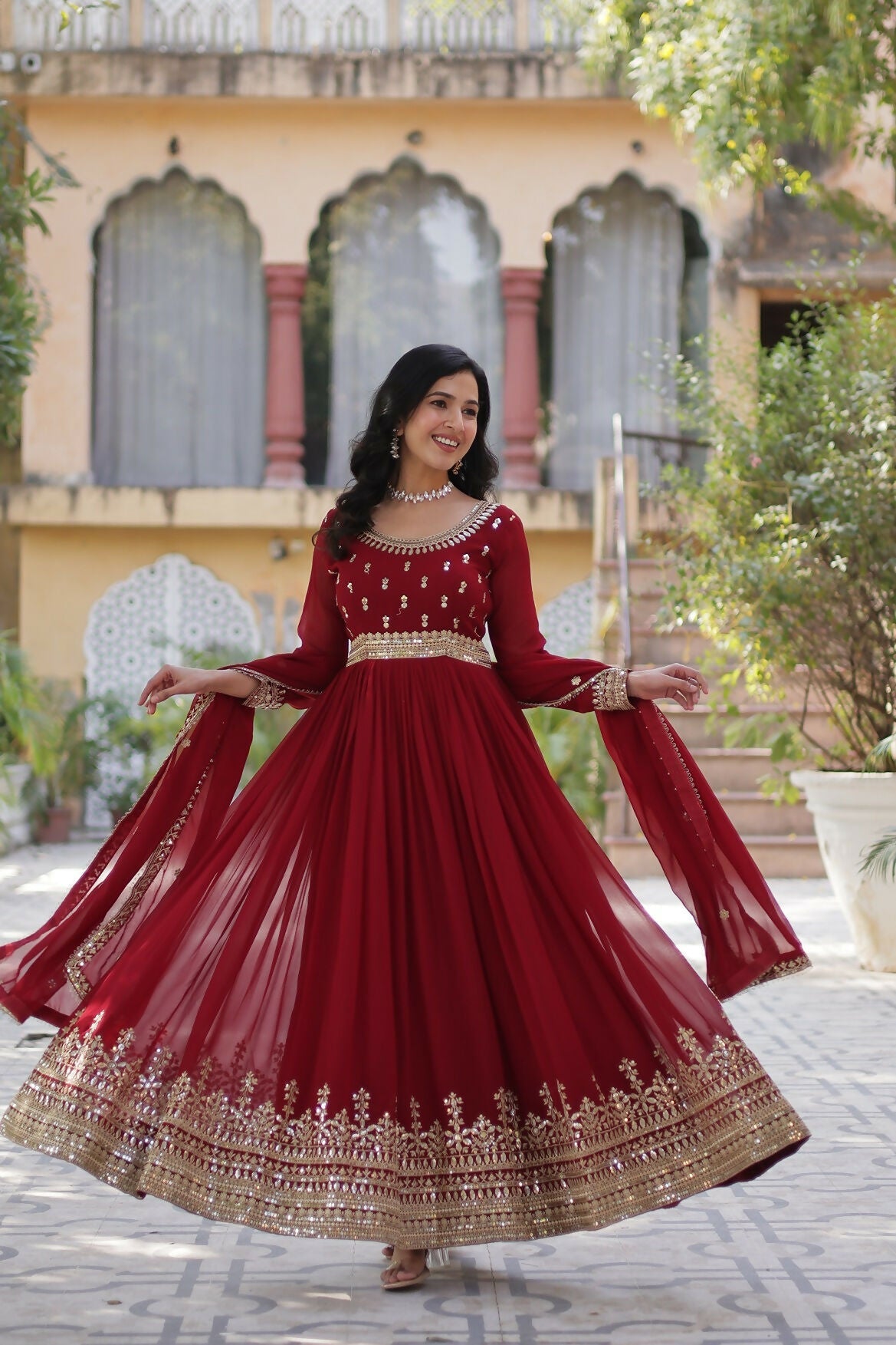 Joban Fashion Maroon Georgette Sequence Embroidery Work Kurta Set