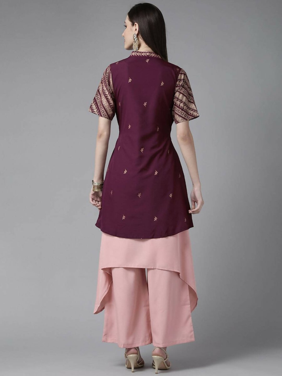 Ahalyaa Women Rose Pink Crepe Kurta Palazzos Set With Burgundy Jacket