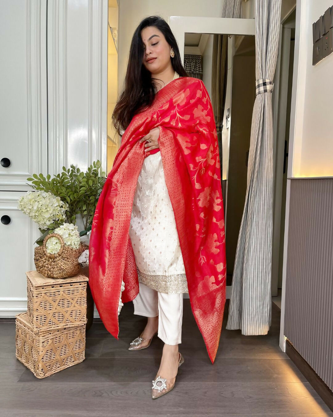 The52 White Women's Beautiful Chanderi Jacquard Fabric Embroidered Work Straight Kurta Pant and Dupatta Set