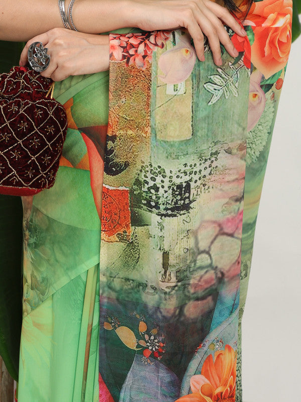 Shivam Fabrics Green Georgette Fabric Printed Saree