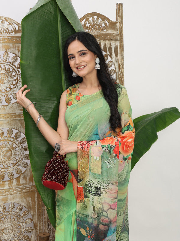 Shivam Fabrics Green Georgette Fabric Printed Saree
