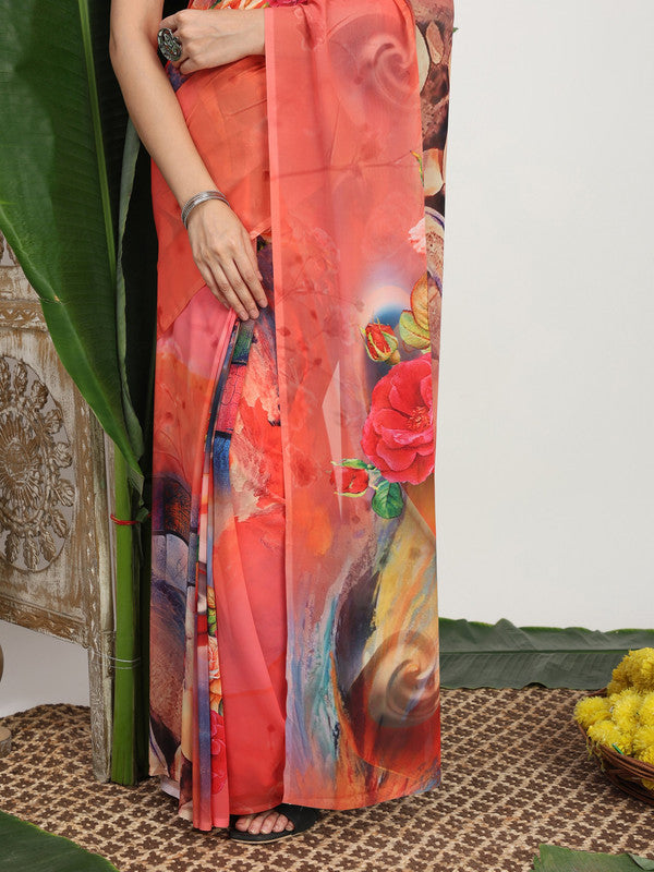 Shivam Fabrics Pink Georgette Fabric Printed Saree