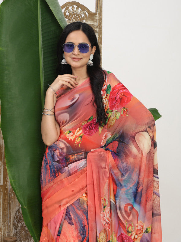 Shivam Fabrics Pink Georgette Fabric Printed Saree
