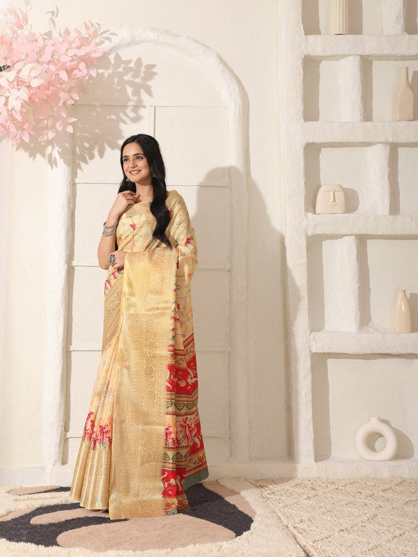 Shivam Fabrics Beige Lichi Patta Fabric Printed Saree