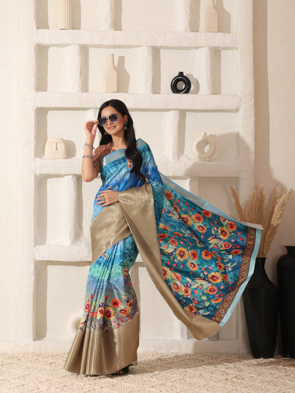 Shivam Fabrics Sky Blue Lichi Patta Fabric Printed Saree