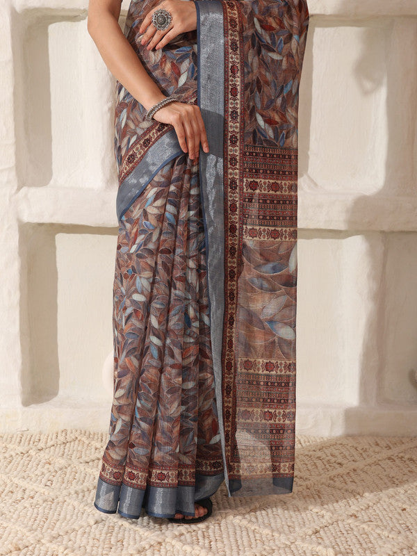 Shivam Fabrics Brown Linen Fabric Printed Saree