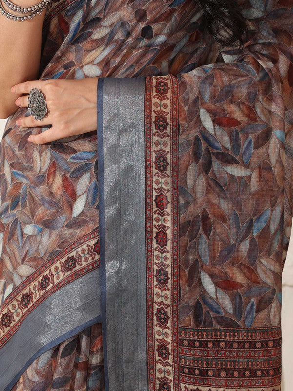 Shivam Fabrics Brown Linen Fabric Printed Saree