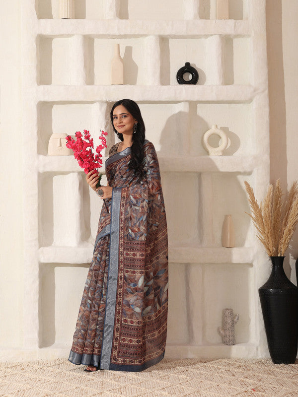Shivam Fabrics Brown Linen Fabric Printed Saree