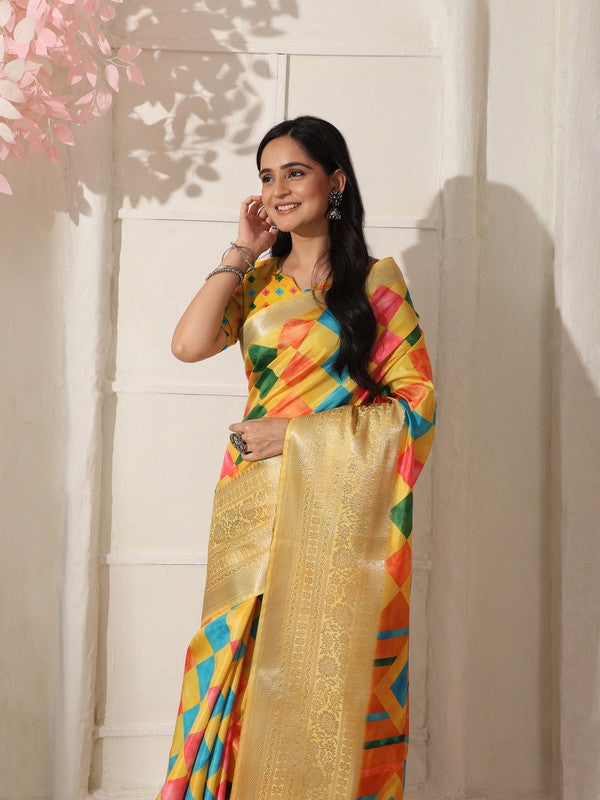 Shivam Fabrics Yellow Lichi Patta Fabric Printed Saree