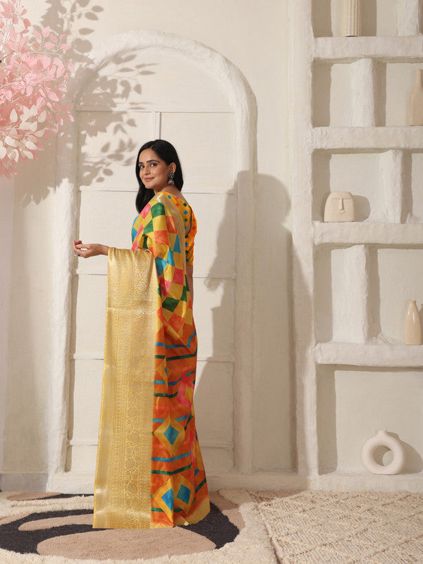 Shivam Fabrics Yellow Lichi Patta Fabric Printed Saree