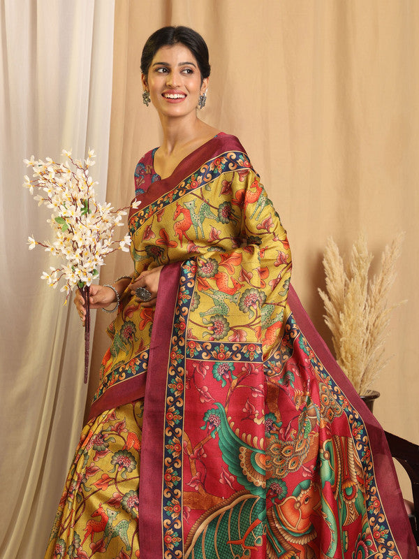 Shivam Fabrics Yellow Tussar Silk Fabric Printed Saree