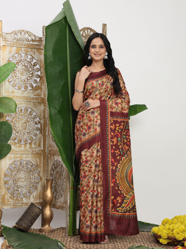 Shivam Fabrics Beige Tussar Silk Fabric Printed Saree