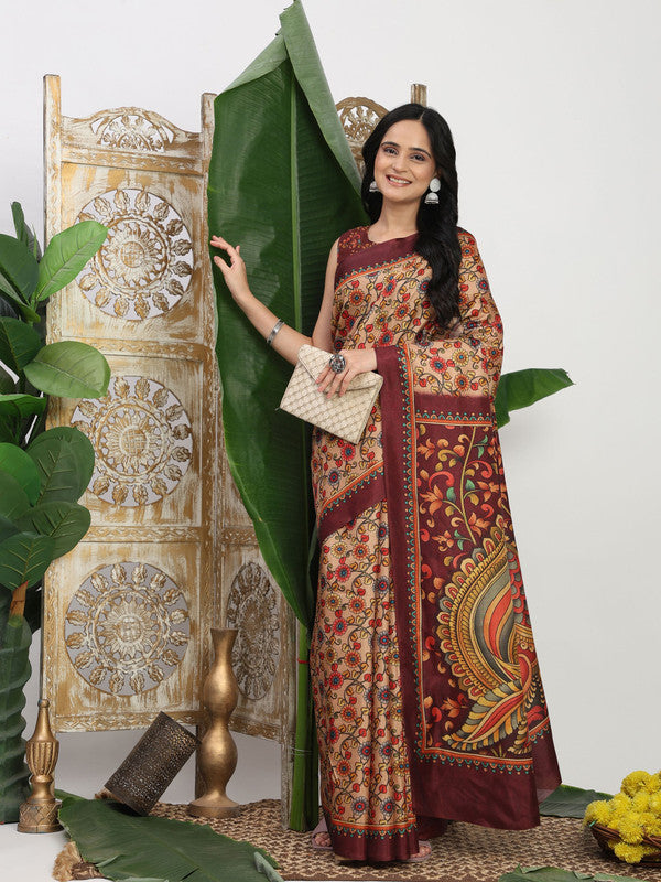 Shivam Fabrics Beige Tussar Silk Fabric Printed Saree