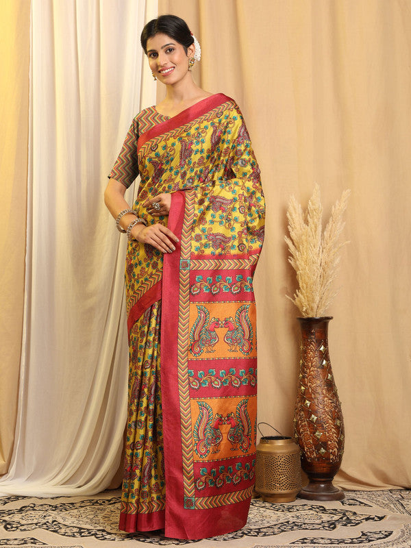 Shivam Fabrics Yellow Tussar Silk Fabric Printed Saree