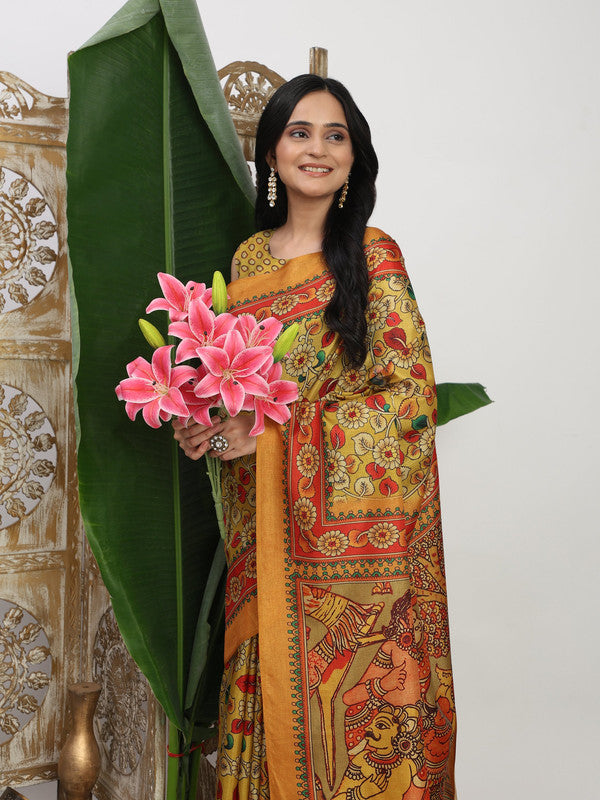 Shivam Fabrics Yellow Tussar Silk Fabric Printed Saree