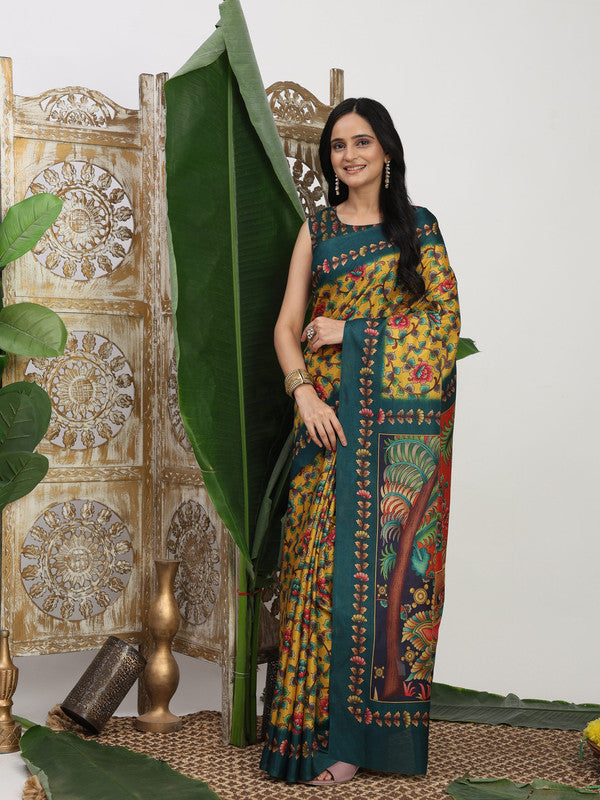 Shivam Fabrics Yellow Tussar Silk Fabric Printed Saree