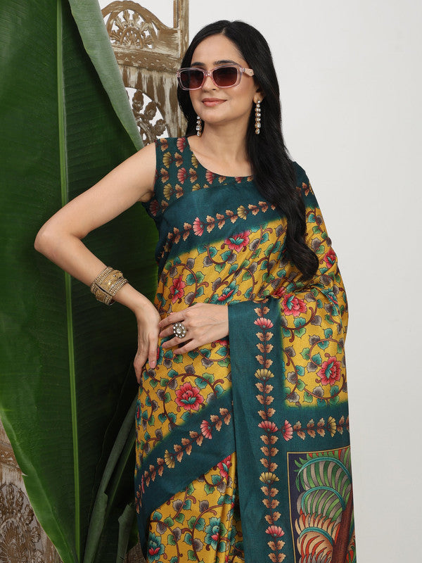 Shivam Fabrics Yellow Tussar Silk Fabric Printed Saree