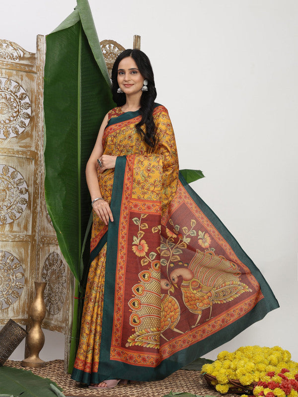 Shivam Fabrics Yellow Tussar Silk Fabric Printed Saree